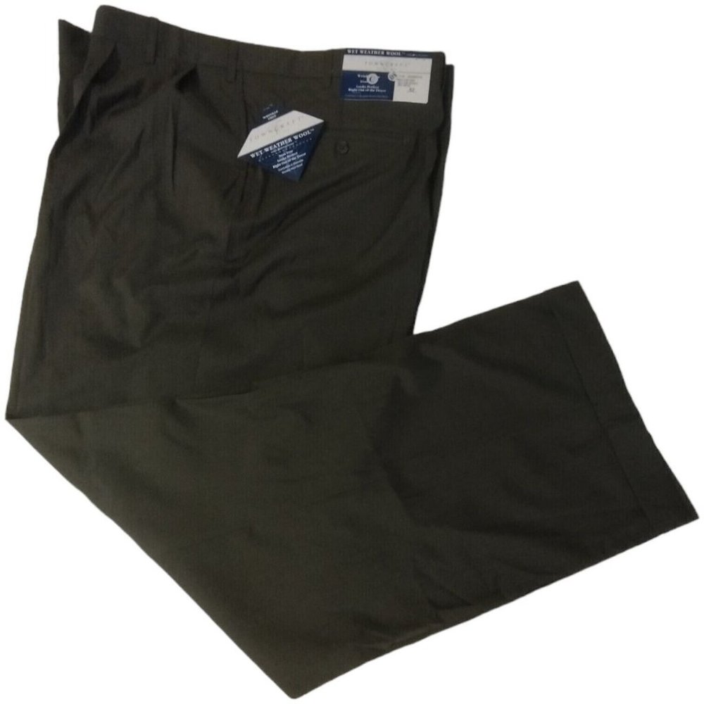 Town Craft Men's Pants 52x32 Wool Blend Pleated Trousers Olive NWT